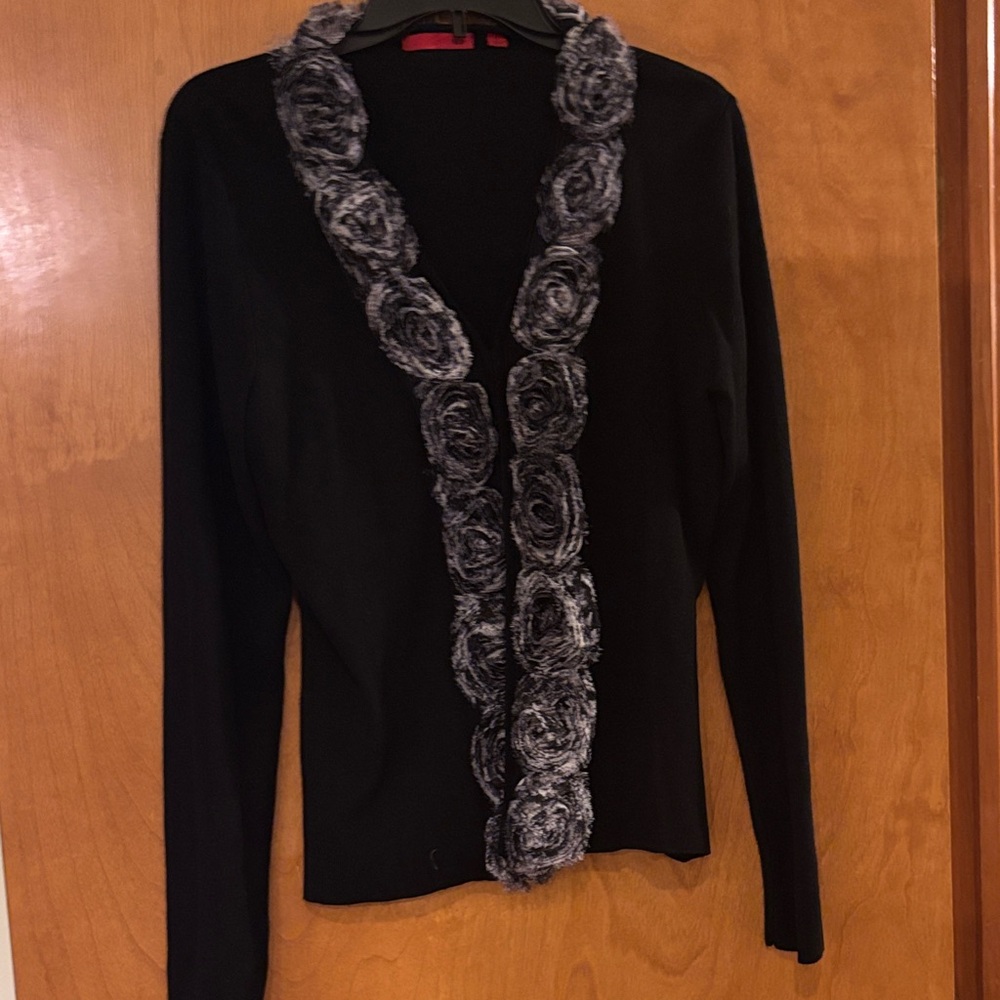Red Black Cardigan with Gray Floral Trim